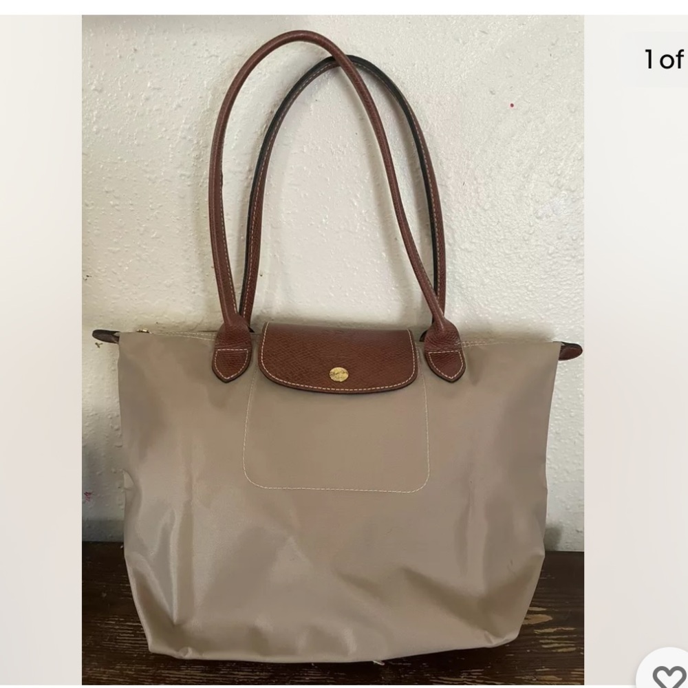 LONGCHAMP Le Pliage Desert tan bag brown leather 14x10x6” Foldable Monogrammed.